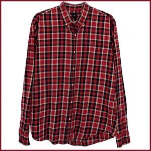 J Crew Factory Mens XL Brushed Cotton Shirt Red Navy Plaid Soft Classic